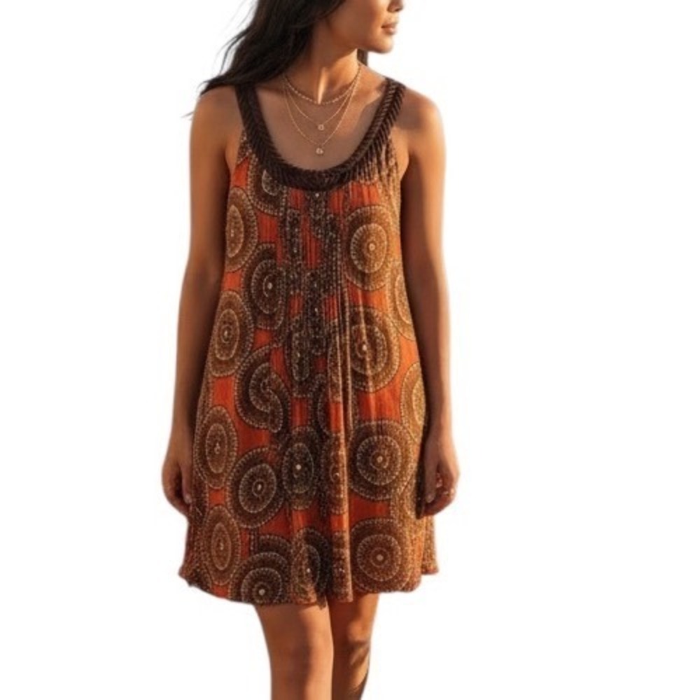 Tory Burch Silk‎ Medallion Print Sleeveless Dress Orange Brown Size 12